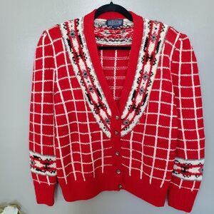 Vintage Lands' End Cardigan Sweater Womens Size Large Red Grid Floral Wool Knit